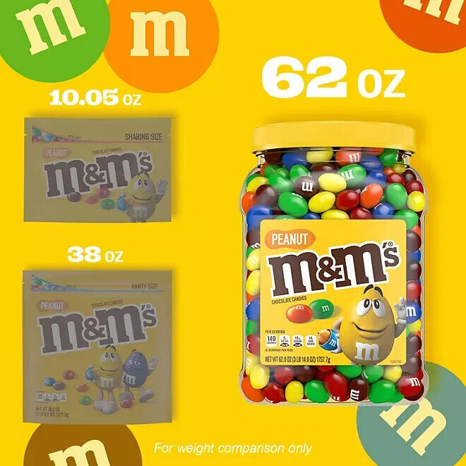 M&M'S Peanut Milk Chocolate 3LB 14oz Melts in Mount Candies Candy Bulk Jar 62 oz