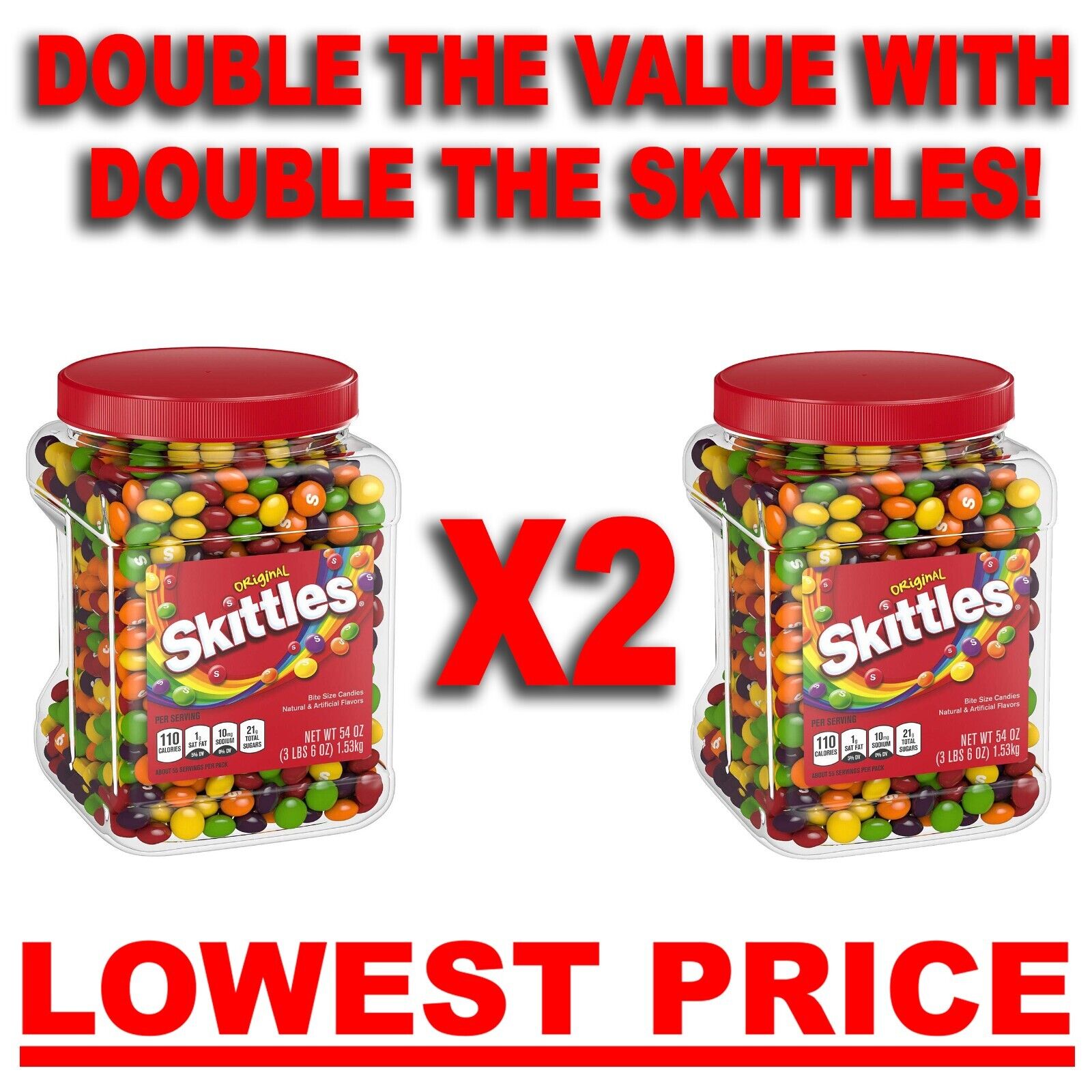 TWO (2) 🔥SKITTLEZ 54 oz Original Fruity Chewy Candy BULK candies HUGE container