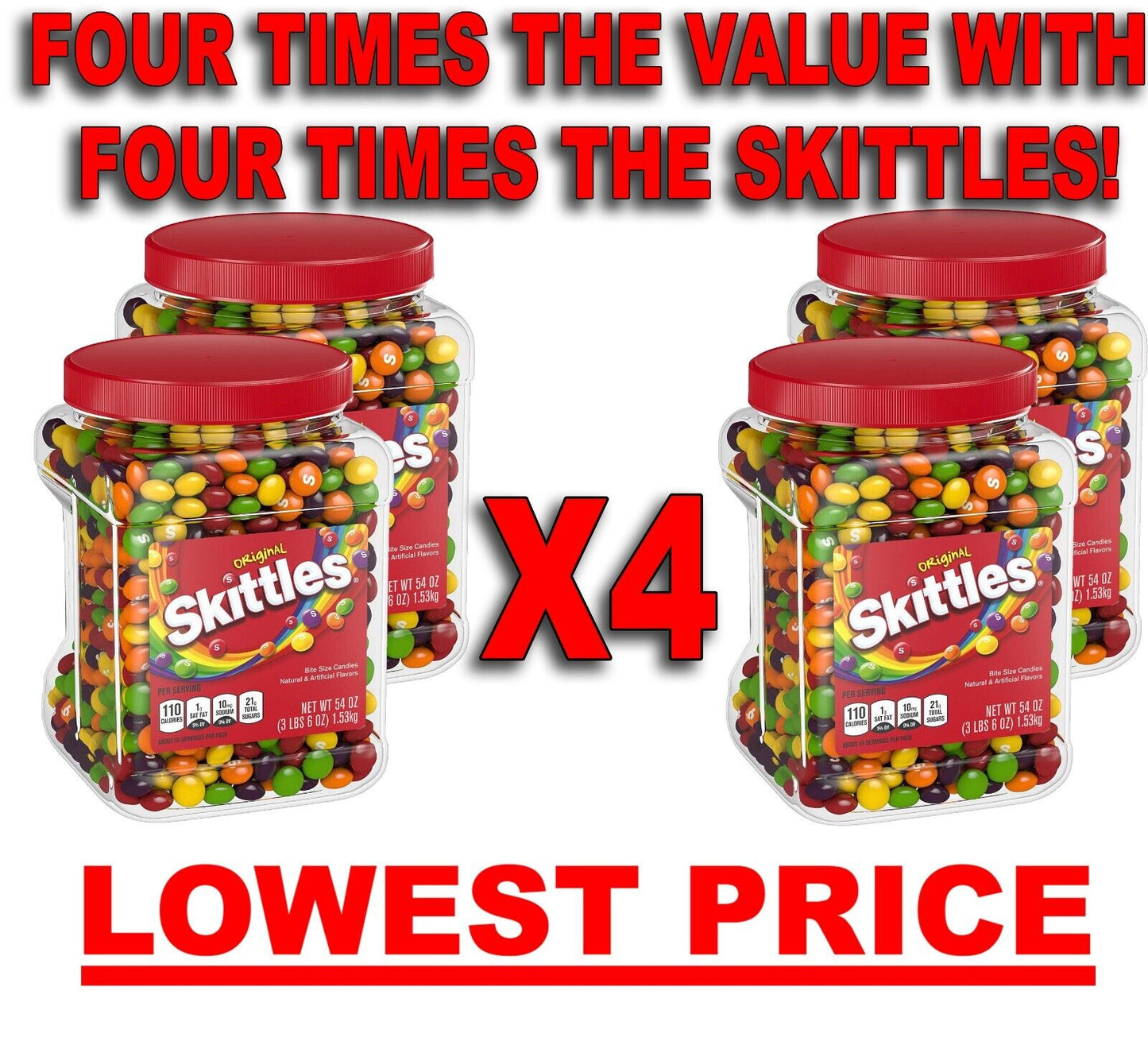 FOUR (4)🔥SKITTLEZ 54 oz Original Fruity Chewy Candy BULK candies HUGE container