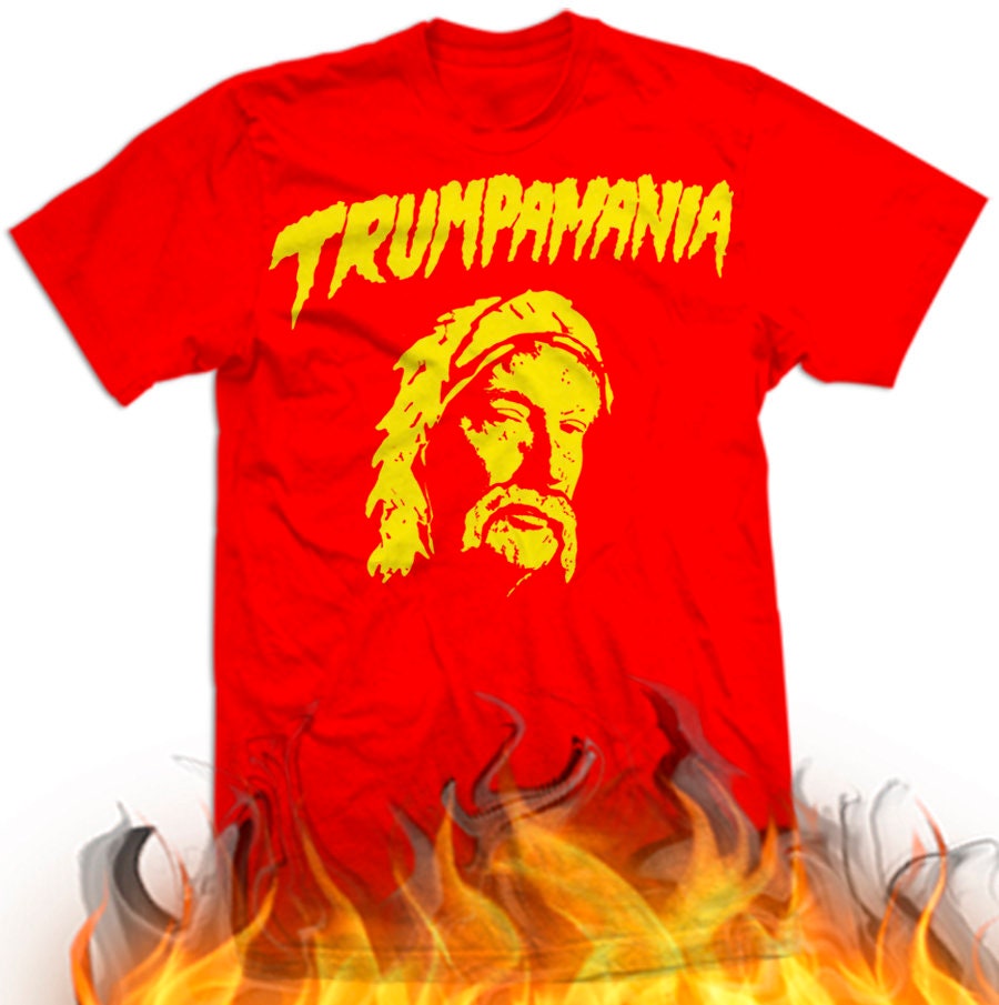 TRuMP FACE with Hulk Hogan Mustache & Bandana TRUMPaMANIA PRESiDENTIAL TRuMPMANIA ReTRO HULK HOgAN Old School new Red MOUSTaCHE SHIRT