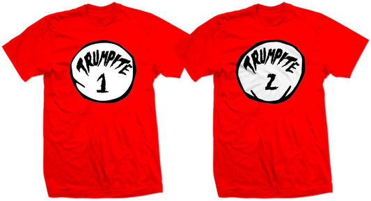 HALLoWEEN COStUME TRUMPITE #1 & Trumpites 2 TRuMP DR. Seuss Thing 1 Things 2 Funny story Twins Kids Book Trumpamania Hulk Hogan SHiRT SHIRTS