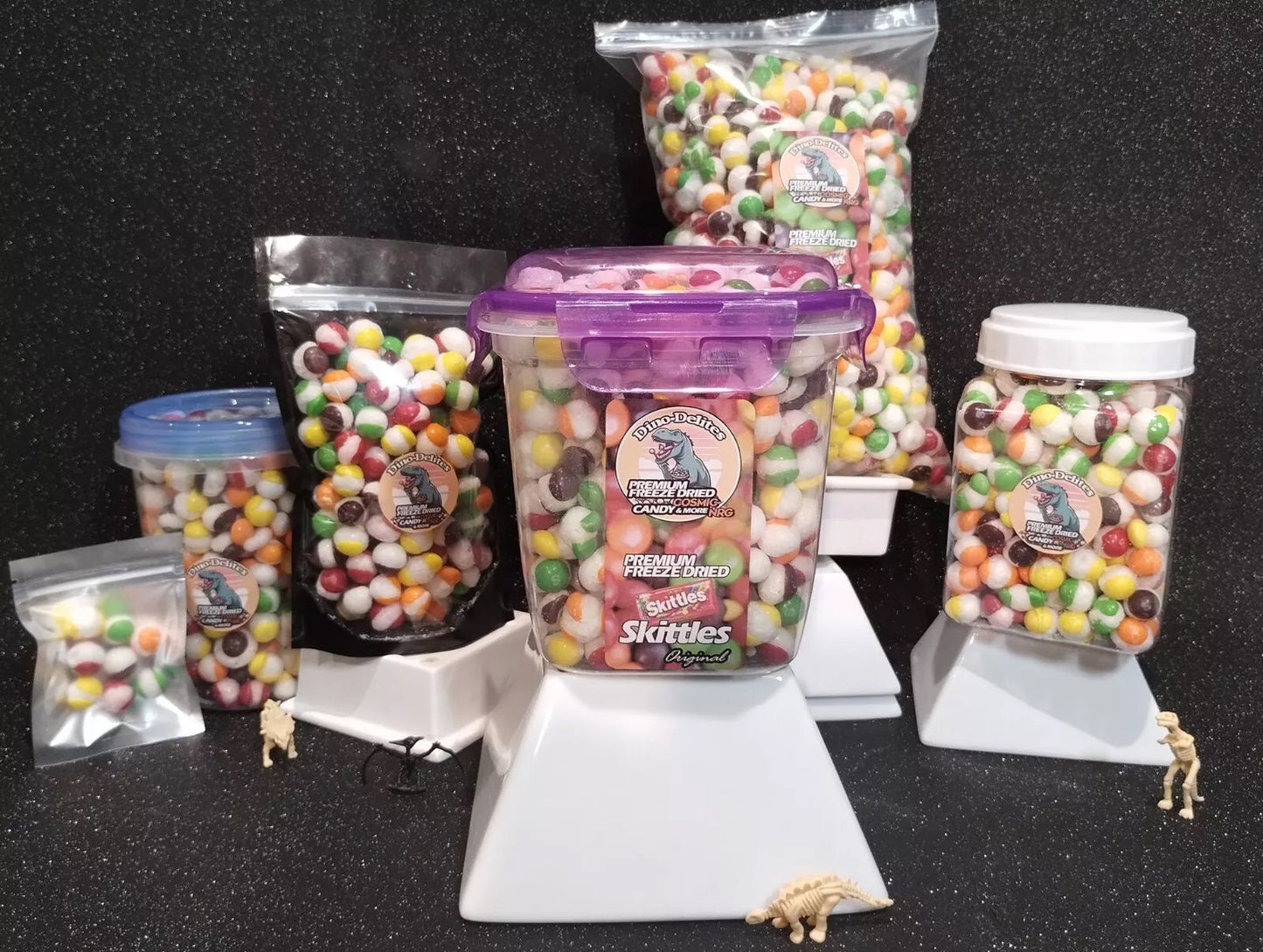 Party Mix (EvERY FLaVOR) SKITTLEZ Freeze Dried PREMIUM DiNO TAILS Tail STyLE VaRIETIES Bulk Candy 54oz Jar Crispy Bursting Blast WoW! Bonus